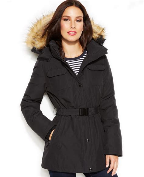 michael michael kors faux fur belted & hooded puffer jacket|Faux Fur Trim Chevron Quilted Nylon Belted Puffer Coat.